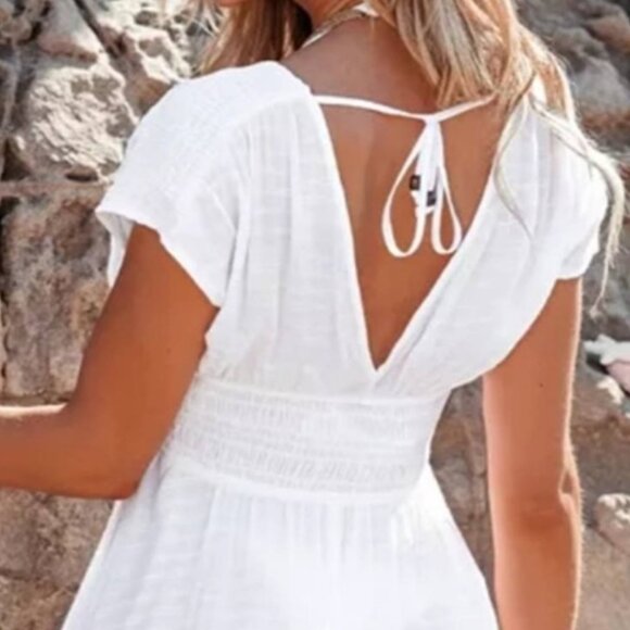 NWOT Cupshe Cover-Up White Dolman Sleeve Smocked Waist‎ Dress Small - Picture 3 of 5